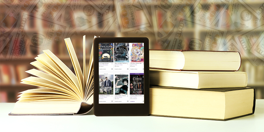 Hardcover books and modern e-book on table in library